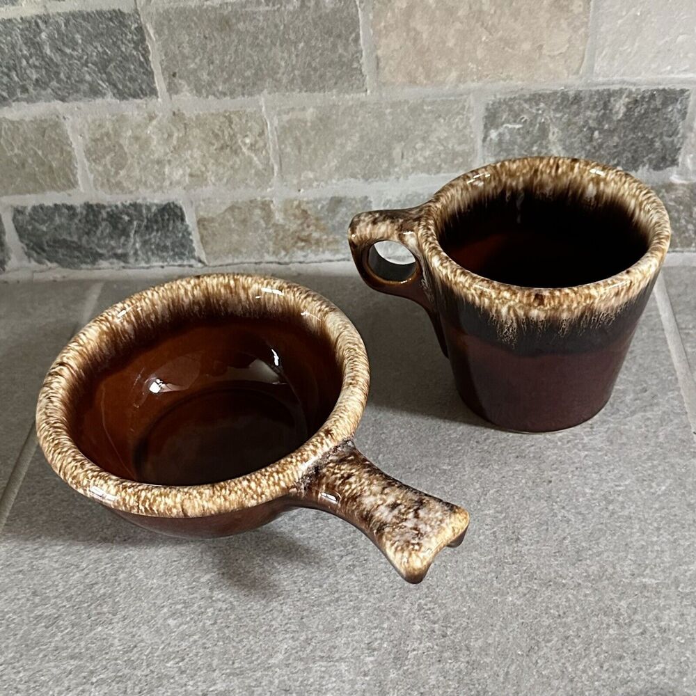 VTG Hull USA Pottery Brown Drip Glaze 1 Mug 1 Soup Bowl Crock Oven Proof